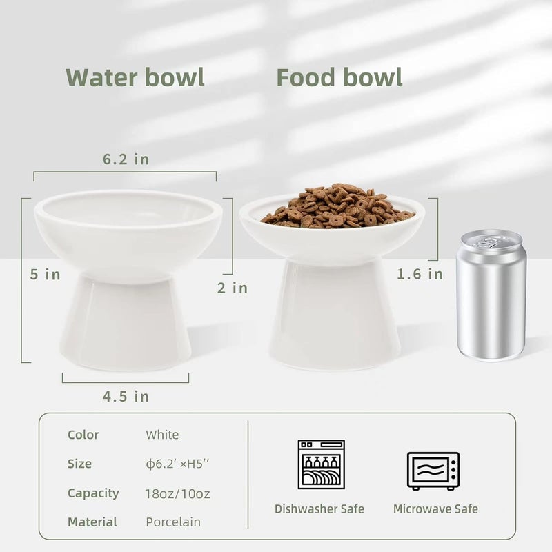 CEEFU 2 Elevated Ceramic Cat Bowls Extra Wide for Food & Water – Whisker Fatigue Shallow Food Dish, Lead & Cadmium-Free, Raised Height for Cats and Dogs, Two Different Depth Bowls, White - Image 3